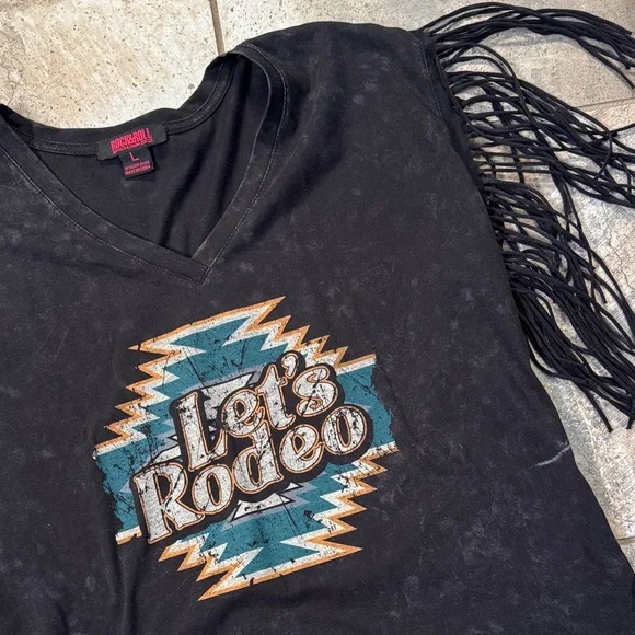 Western Fringe Sleeve 'Let's Rodeo' Aztec Graphic T-Shirt - Picture 2 of 5